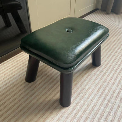 Contemporary Scandinavian Oil Wax Leather Wood Rectangular Low Stool Backless Armless For Living Room
