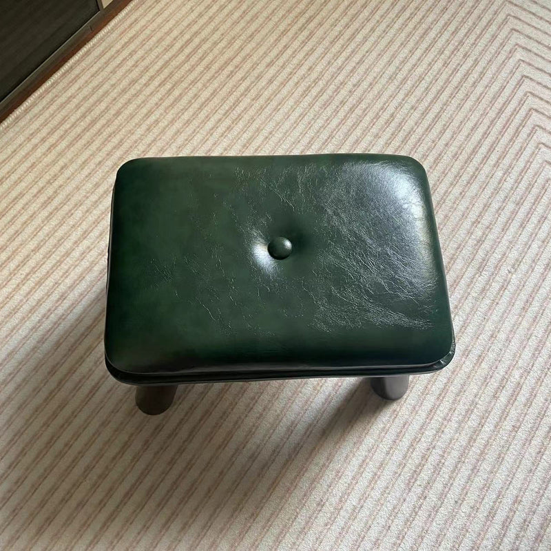 Contemporary Scandinavian Oil Wax Leather Wood Rectangular Low Stool Backless Armless For Living Room