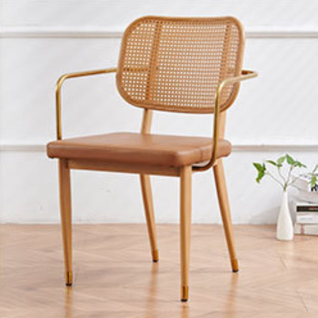 Chaise de salle à manger en cuir PU découpé moderne de luxe avec dossier en métal et rotin en bambou 