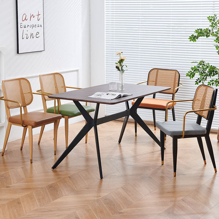 Chaise de salle à manger en cuir PU découpé moderne de luxe avec dossier en métal et rotin en bambou 