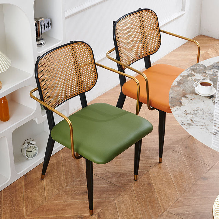 Modern Luxury Square Cutout PU Leather Bamboo Rattan Metal Dining Chair Backrest For Dining Room