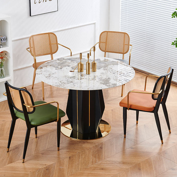 Modern Luxury Square Cutout PU Leather Bamboo Rattan Metal Dining Chair Backrest For Dining Room