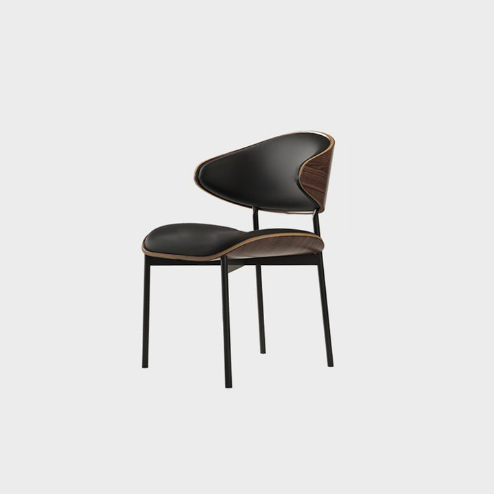 Moderner minimalistischer gebogener quadratischer Mikrofasersessel aus Leder, Massivholz und Stahl mit Rückenlehne für Esszimmer 