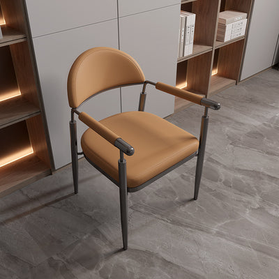 Zeitgenössischer skandinavischer Halbkreis-Bogen-Quadrat-Napa-Leder-Stahl-Esszimmerstuhl mit Rückenlehne und Armlehne für das Esszimmer 
