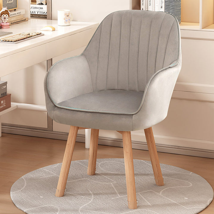 Taburete tocador moderno minimalista trapezoidal cuadrado de terciopelo, tela sintética y madera con respaldo y brazos para dormitorio 