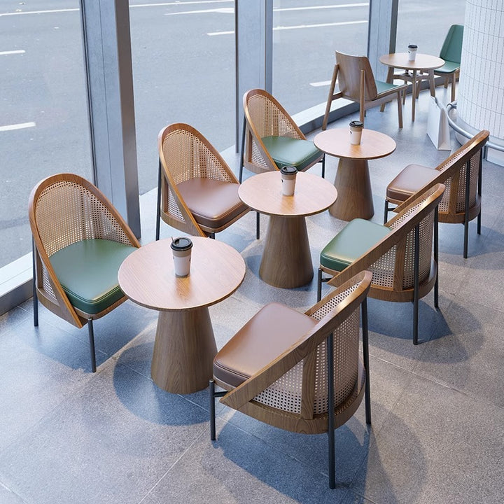Chaise de salle à manger en cuir Napa trapézoïdal carré chinois traditionnel avec dossier en bois massif et rotin pour salle à manger 