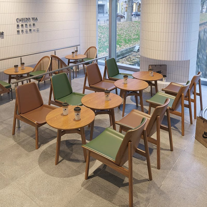 Chaise de salle à manger en cuir napa carré trapézoïdal chinois traditionnel avec dossier en bois massif 