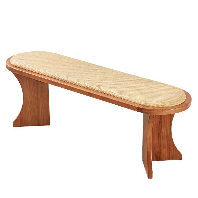 Contemporary Scandinavian Long Oval Curved Leather Rattan Mat Solid Wood Shoe Bench Low Stool For Living Room