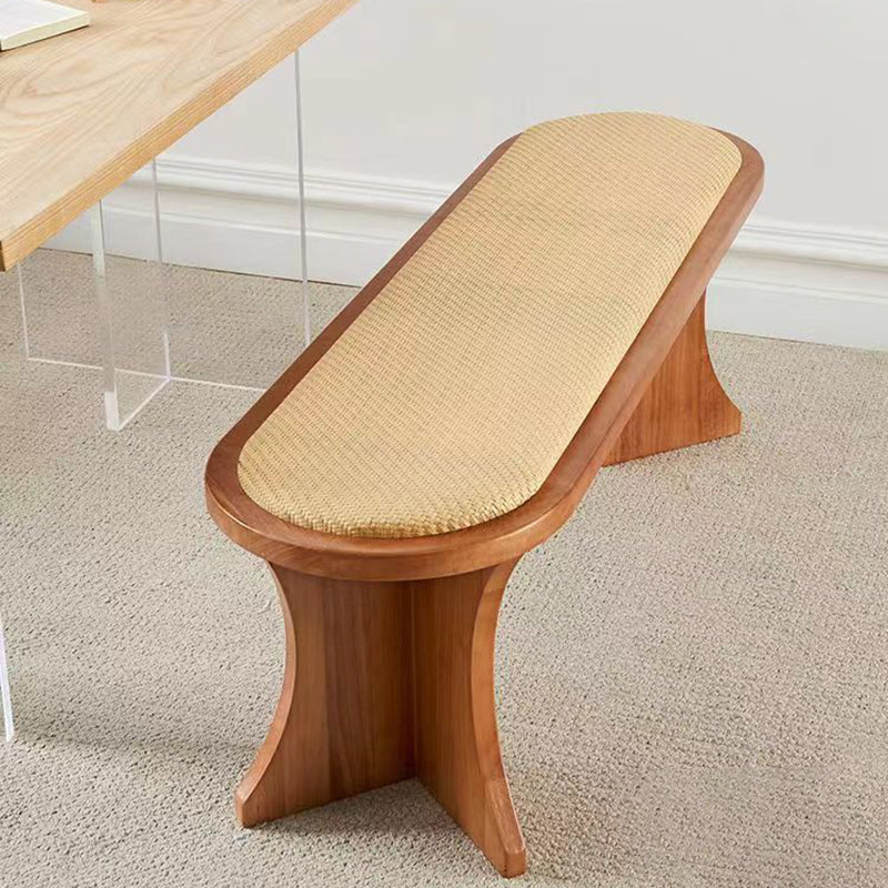Contemporary Scandinavian Long Oval Curved Leather Rattan Mat Solid Wood Shoe Bench Low Stool For Living Room