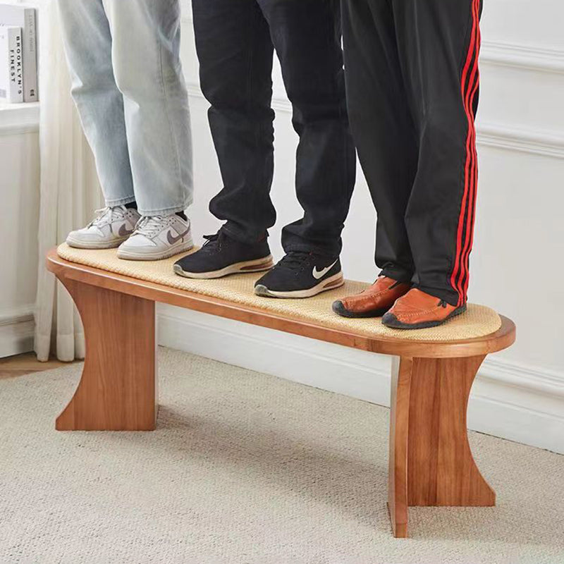 Contemporary Scandinavian Long Oval Curved Leather Rattan Mat Solid Wood Shoe Bench Low Stool For Living Room