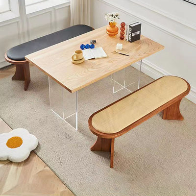 Contemporary Scandinavian Long Oval Curved Leather Rattan Mat Solid Wood Shoe Bench Low Stool For Living Room