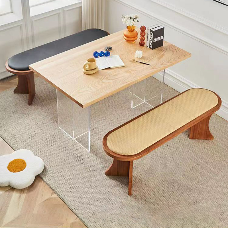 Contemporary Scandinavian Long Oval Curved Leather Rattan Mat Solid Wood Shoe Bench Low Stool For Living Room