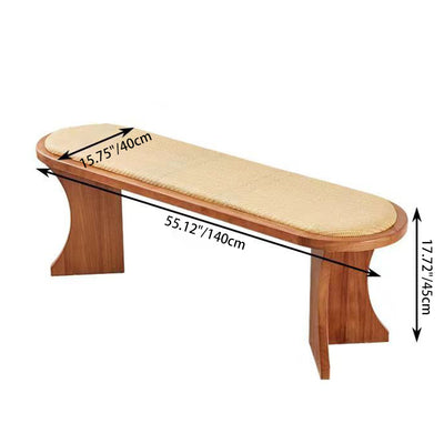 Contemporary Scandinavian Long Oval Curved Leather Rattan Mat Solid Wood Shoe Bench Low Stool For Living Room