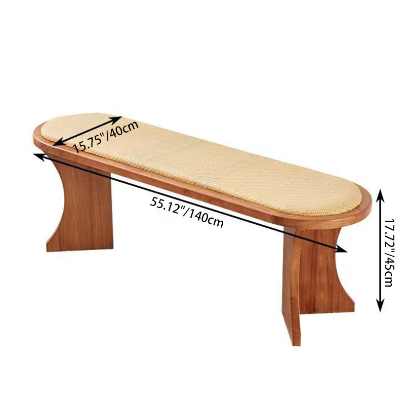 Contemporary Scandinavian Long Oval Curved Leather Rattan Mat Solid Wood Shoe Bench Low Stool For Living Room