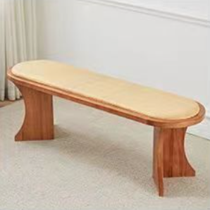 Contemporary Scandinavian Long Oval Curved Leather Rattan Mat Solid Wood Shoe Bench Low Stool For Living Room