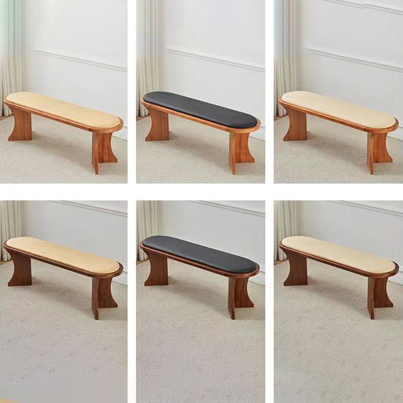 Contemporary Scandinavian Long Oval Curved Leather Rattan Mat Solid Wood Shoe Bench Low Stool For Living Room