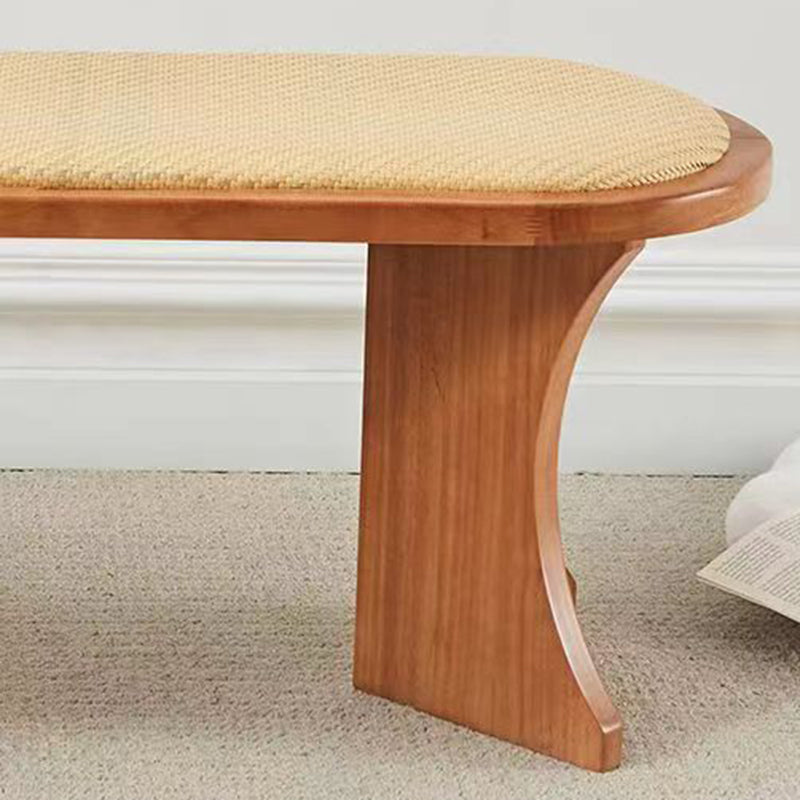 Contemporary Scandinavian Long Oval Curved Leather Rattan Mat Solid Wood Shoe Bench Low Stool For Living Room
