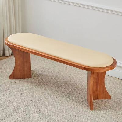 Contemporary Scandinavian Long Oval Curved Leather Rattan Mat Solid Wood Shoe Bench Low Stool For Living Room