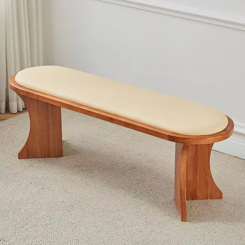 Contemporary Scandinavian Long Oval Curved Leather Rattan Mat Solid Wood Shoe Bench Low Stool For Living Room