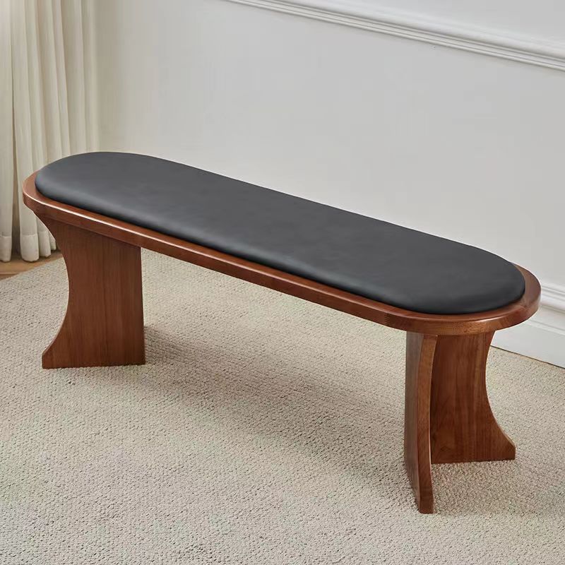 Contemporary Scandinavian Long Oval Curved Leather Rattan Mat Solid Wood Shoe Bench Low Stool For Living Room