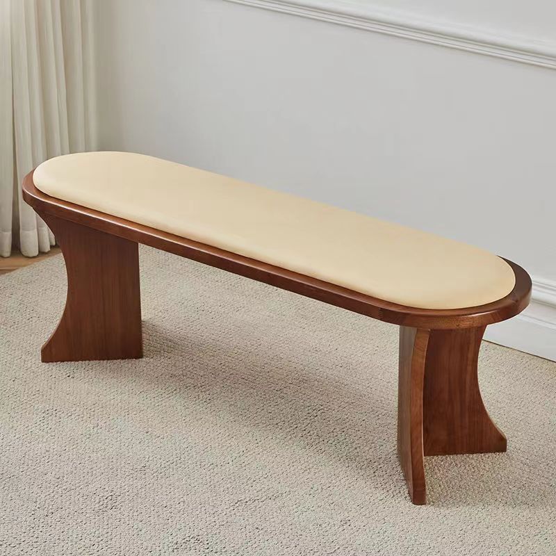 Contemporary Scandinavian Long Oval Curved Leather Rattan Mat Solid Wood Shoe Bench Low Stool For Living Room