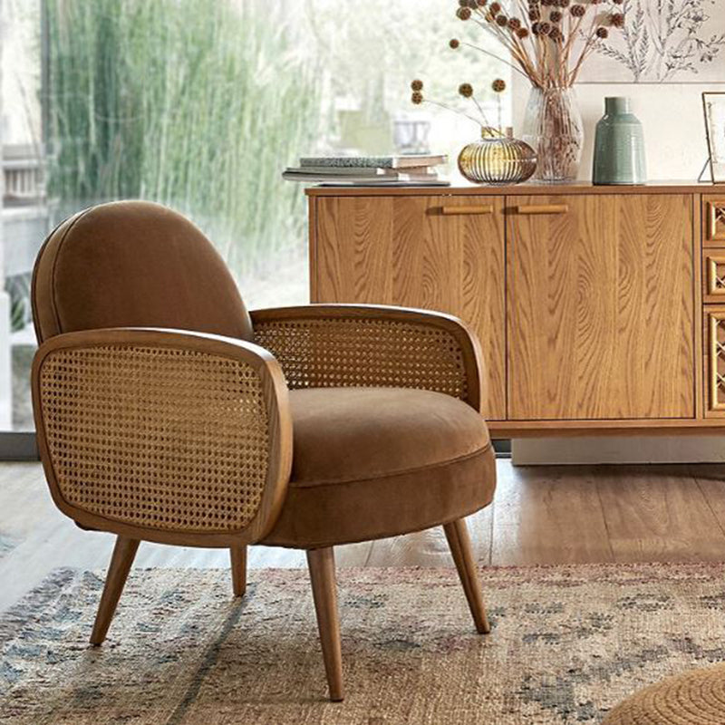 Traditional Japanese Half Round Curved Sherpa Fabric Rattan Accent Chair Backrest Armrest For Living Room