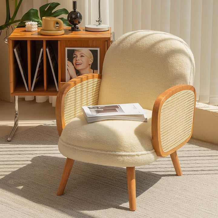 Traditional Japanese Half Round Curved Sherpa Fabric Rattan Accent Chair Backrest Armrest For Living Room