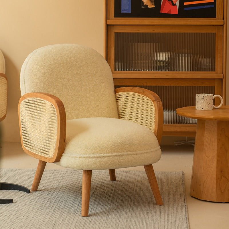 Traditional Japanese Half Round Curved Lambswool Rattan Accent Chair Backrest Armrest For Living Room