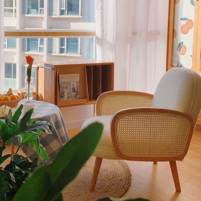 Traditional Japanese Half Round Curved Lambswool Rattan Accent Chair Backrest Armrest For Living Room