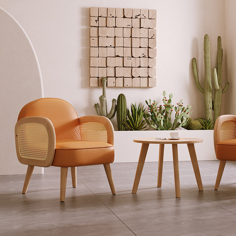Contemporary Scandinavian Half Round Square Round Smooth Lambswool Leather Solid Wood Accent Chair Backrest Armrest For Living Room