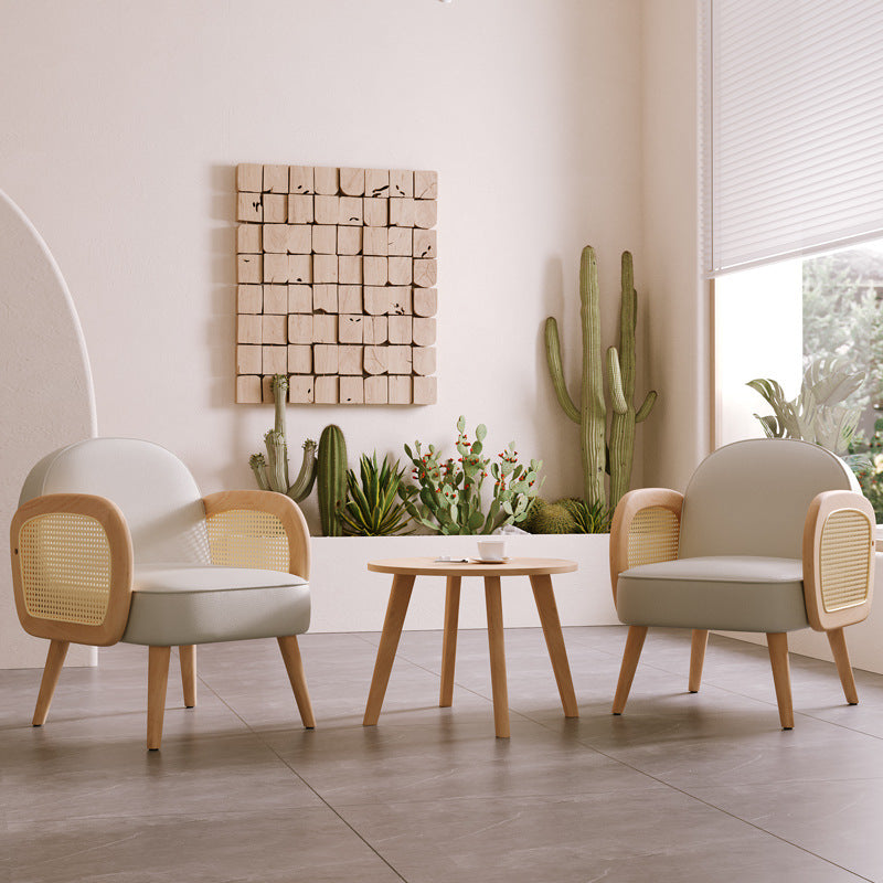 Contemporary Scandinavian Half Round Square Round Smooth Lambswool Leather Solid Wood Accent Chair Backrest Armrest For Living Room