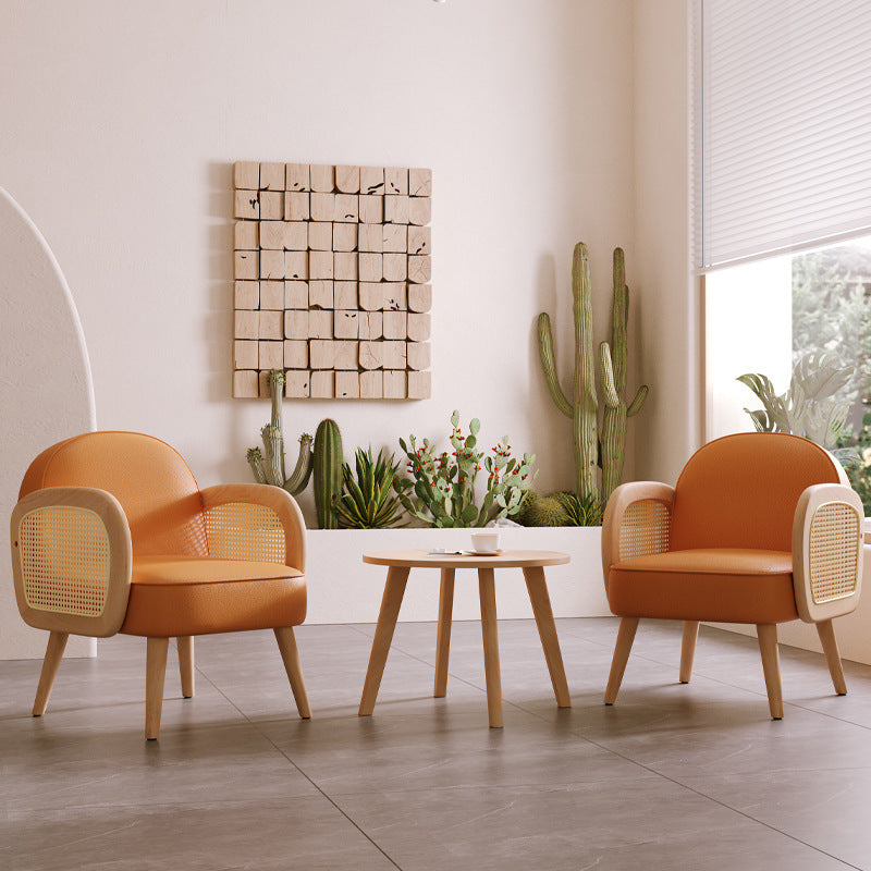 Contemporary Scandinavian Half Round Square Round Smooth Lambswool Leather Solid Wood Accent Chair Backrest Armrest For Living Room