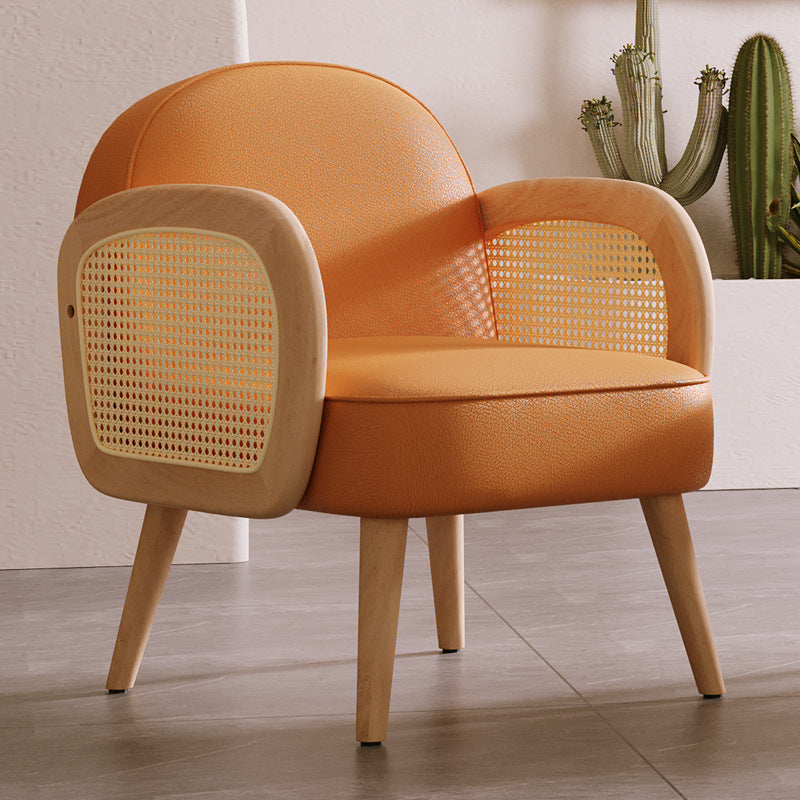 Contemporary Scandinavian Half Round Square Round Smooth Lambswool Leather Solid Wood Accent Chair Backrest Armrest For Living Room