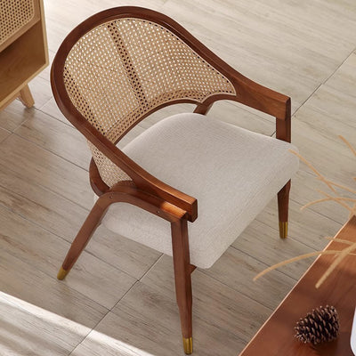 Contemporary Scandinavian Curved Hollow Square Linen Rattan Solid Wood Dining Chair Backrest For Dining Room