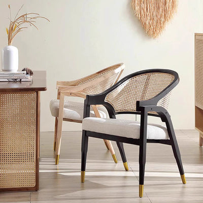 Contemporary Scandinavian Curved Hollow Square Linen Rattan Solid Wood Dining Chair Backrest For Dining Room