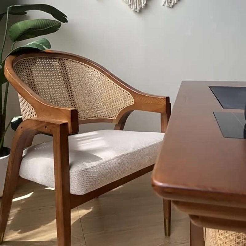 Contemporary Scandinavian Curved Hollow Square Linen Rattan Solid Wood Dining Chair Backrest For Dining Room