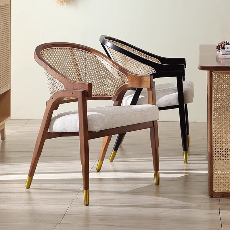 Contemporary Scandinavian Curved Hollow Square Linen Rattan Solid Wood Dining Chair Backrest For Dining Room
