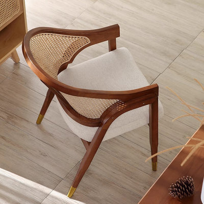 Contemporary Scandinavian Curved Hollow Square Linen Rattan Solid Wood Dining Chair Backrest For Dining Room
