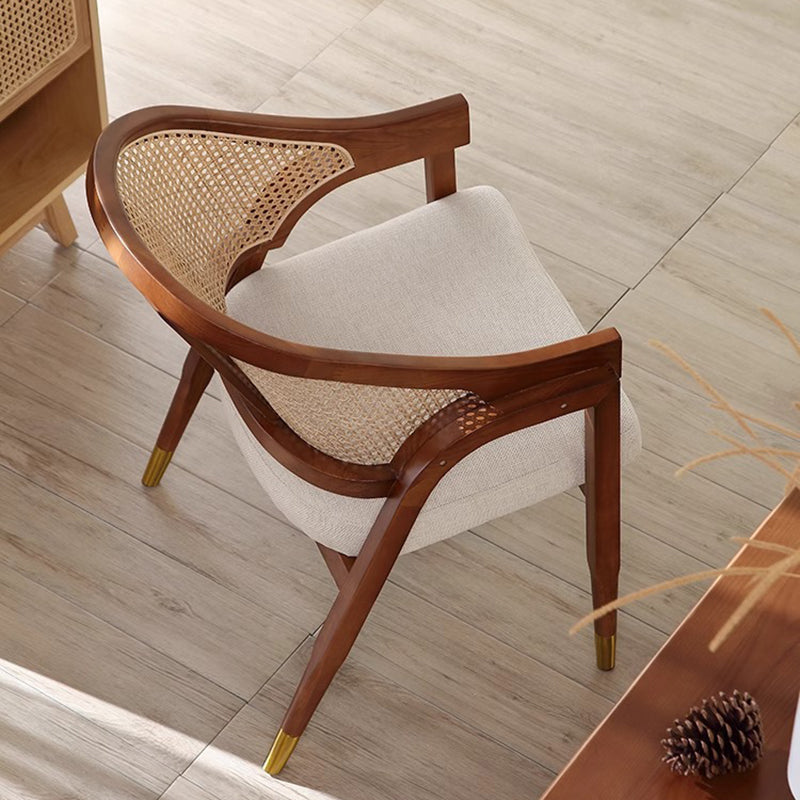 Contemporary Scandinavian Curved Hollow Square Linen Rattan Solid Wood Dining Chair Backrest For Dining Room