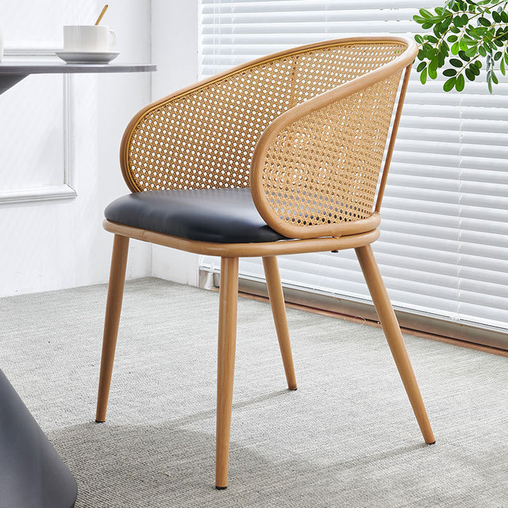 Modern Minimalist Half Bag U Shape Curved Faux Leather Bamboo Rattan Wood Dining Chair Backrest Armrest For Dining Room