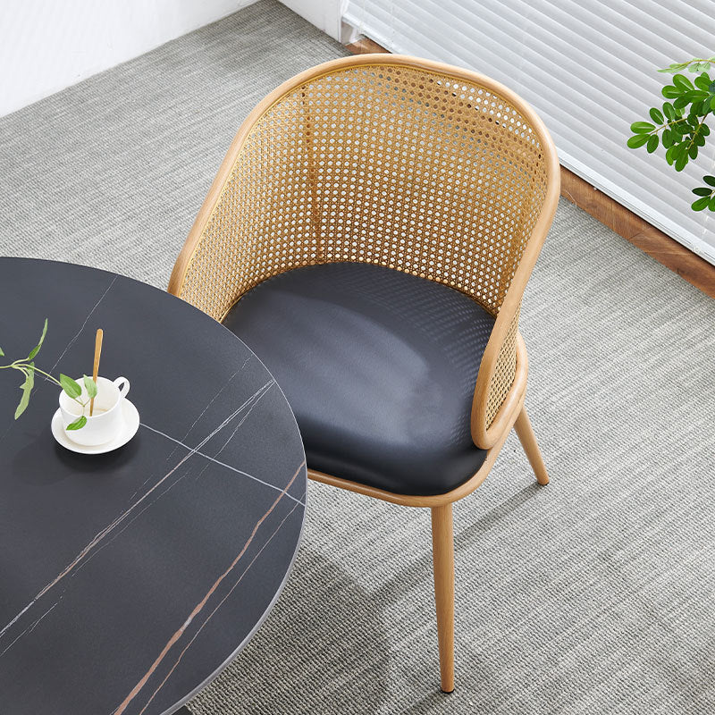 Modern Minimalist Half Bag U Shape Curved Leather Bamboo Rattan Wood Dining Chair Backrest Armrest For Dining Room