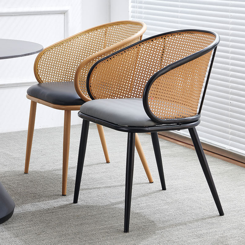 Modern Minimalist Half Bag U Shape Curved Leather Bamboo Rattan Wood Dining Chair Backrest Armrest For Dining Room