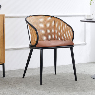 Modern Minimalist Half Bag U Shape Curved Leather Bamboo Rattan Wood Dining Chair Backrest Armrest For Dining Room