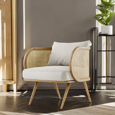 Contemporary Scandinavian Square Bent Half Round Fabric Rattan Wood Accent Chair Backrest Armrest For Living Room