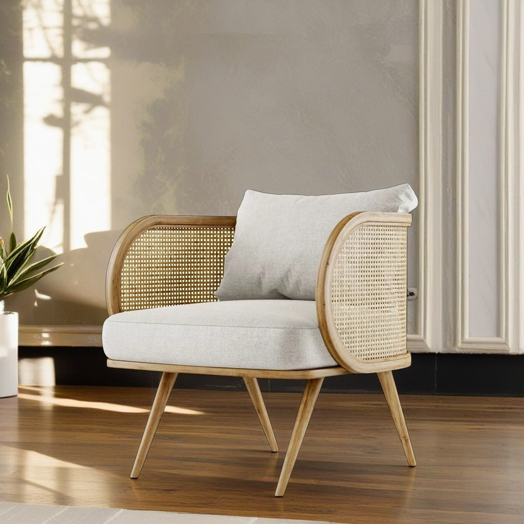 Contemporary Scandinavian Square Bent Half Round Fabric Rattan Wood Accent Chair Backrest Armrest For Living Room