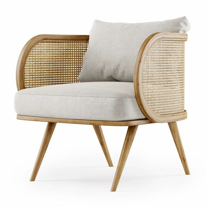 Contemporary Scandinavian Square Bent Half Round Fabric Rattan Wood Accent Chair Backrest Armrest For Living Room