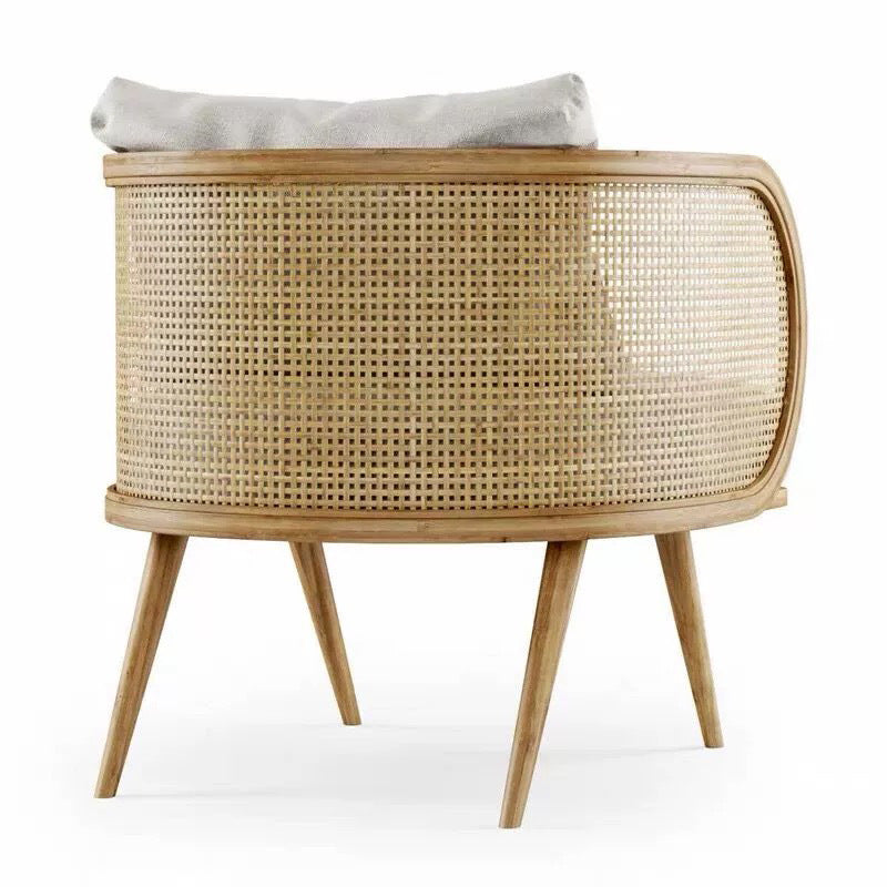 Contemporary Scandinavian Square Bent Half Round Fabric Rattan Wood Accent Chair Backrest Armrest For Living Room