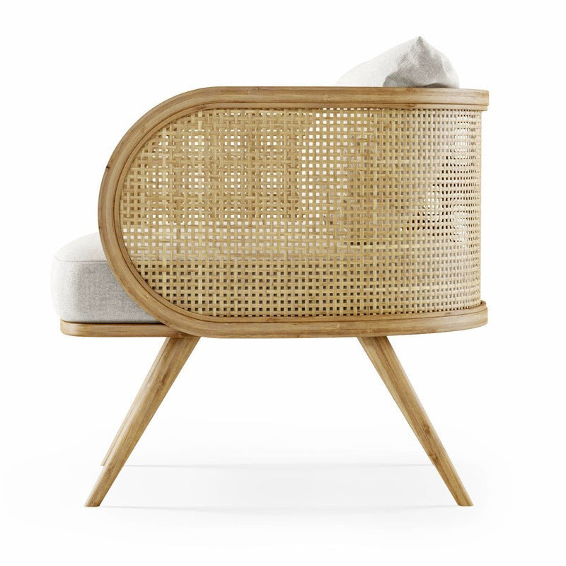 Contemporary Scandinavian Square Bent Half Round Fabric Rattan Wood Accent Chair Backrest Armrest For Living Room