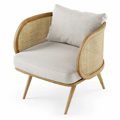 Contemporary Scandinavian Square Bent Half Round Fabric Rattan Wood Accent Chair Backrest Armrest For Living Room