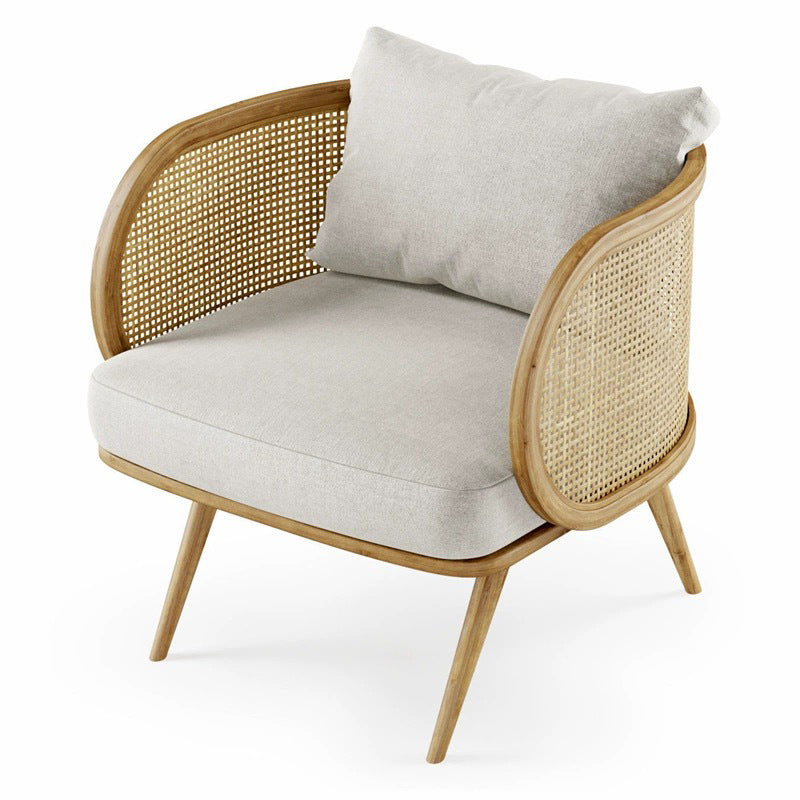 Contemporary Scandinavian Square Bent Half Round Fabric Rattan Wood Accent Chair Backrest Armrest For Living Room